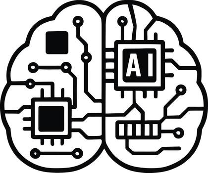 AI-Powered Brain Circuit Design, Black and White Illustrator of Technology-Driven Brain with Multiple Microchips and Neural Paths vector