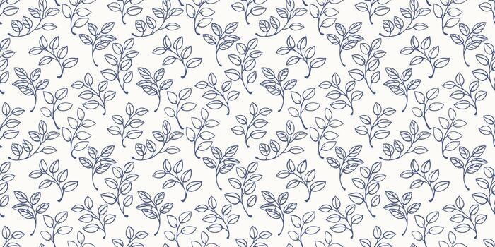 Seamless pattern of blue outline leafy branches on a white background. A soft and minimalist design ideal for eco-themed projects, stationery, textiles, and packaging. vector