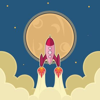 rocket launch into space moon illustration template graphic design . outer space exploration with stars and cloud sky for astronomy and science technology idea with backgrounds in flat style vector