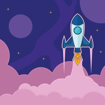 rocket launch into space illustration template graphic design . outer space exploration with stars and cloud sky for astronomy and science technology idea concept with backgrounds vector