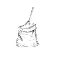 tela lona bolso lleno de grano con un de madera cuchara adentro. gráfico tinta bolso con harina, grano ilustración aislado en antecedentes. mano dibujado línea bosquejo. para diseñadores, huellas dactilares, logo, icono vector