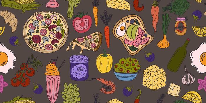 a pattern with various types of food and vegetables vector