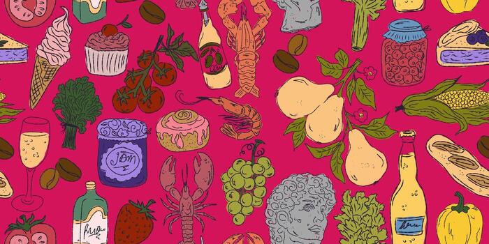 a pattern of food and drinks on a pink background vector