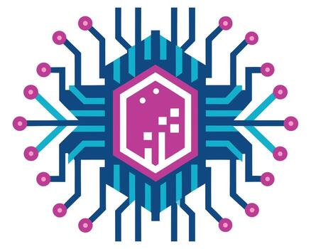 Abstract Colorful Circuit Board Design Modern Technology, Innovation, and Connectivity in a Vibrant Hexagon - Professional digital artwork with vibrant colors and detailed composition vector