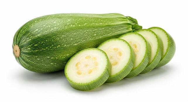 Fresh Zucchini with Sliced Pieces on White Background. photo