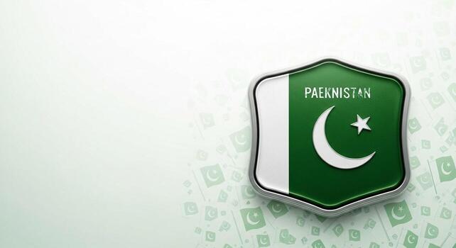 National flag of Pakistan on a modern 3D shield with a metallic border set against a patterned background. photo