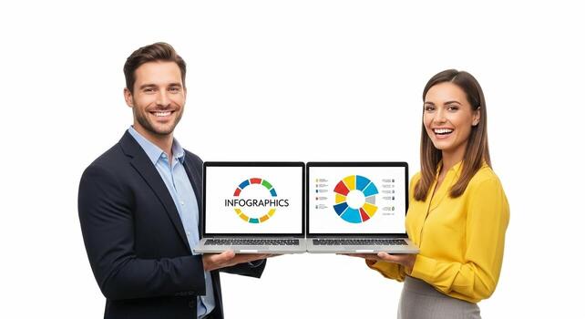 Cheerful business partners presenting infographics and a colorful pie chart on their laptops. photo