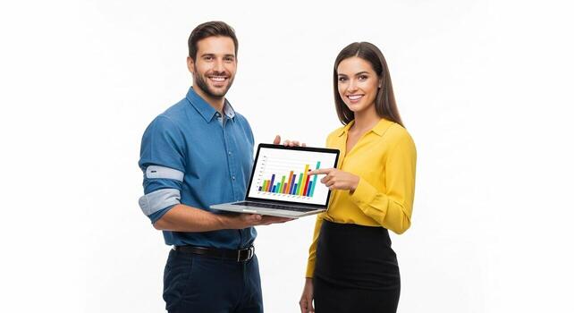 Smiling business colleagues presenting data chart on laptop teamwork concept. photo