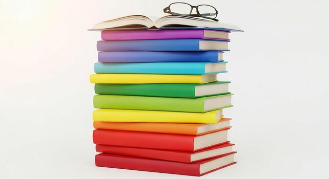 alto apilar de vibrante color del arcoiris libros con un abierto libro y leyendo lentes en un limpiar blanco antecedentes. foto