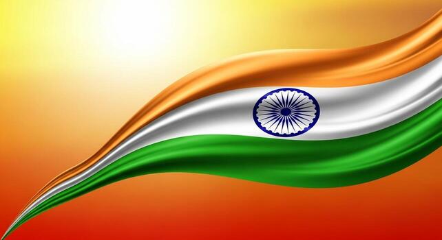 Waving Indian Flag with Ashoka Chakra on Orange and Yellow Gradient Background. photo