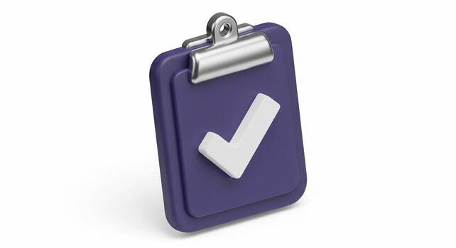 3D Purple Clipboard with White Checkmark Icon on Isolated White Background. photo