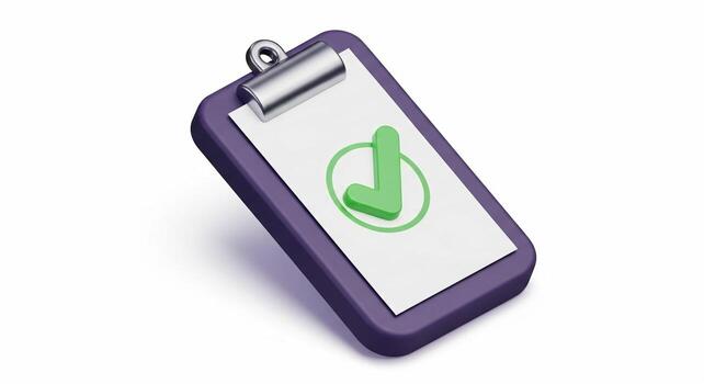 3D Render of a Purple Clipboard with a Green Checkmark and Paper. photo