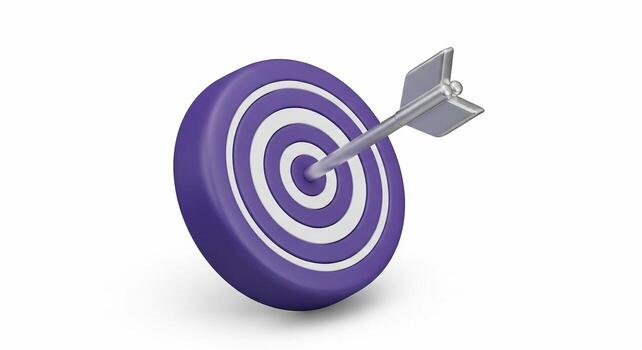 3D Render Purple Target with Silver Arrow Hitting Bullseye Isolated on White Background. photo