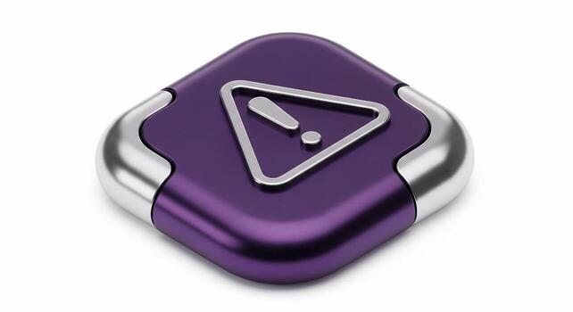 3D Rendered Purple Warning Icon Button with Silver Accents on White Background. photo