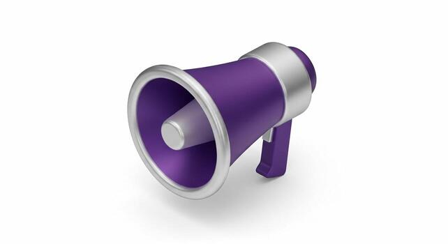 A purple and silver megaphone or bullhorn isolated on a white background with a soft shadow. photo