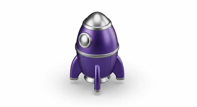 A sleek purple and silver cartoonstyle rocket ship with a round window isolated on a white background. photo