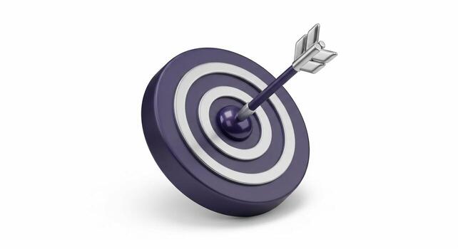 Arrow hitting the bullseye of a purple and silver target symbolizing success and precision. photo