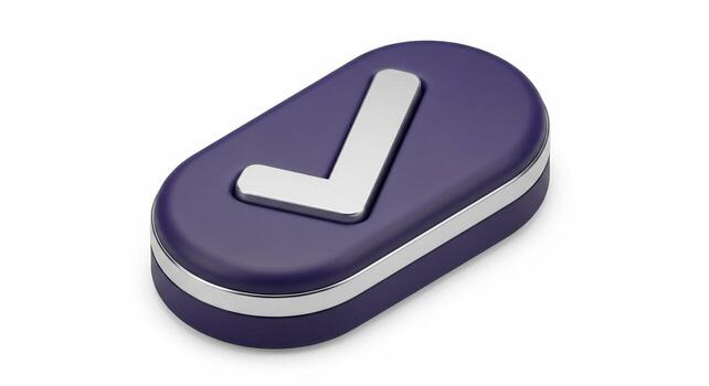 Glossy Dark Purple Oval Button with Silver Checkmark. photo