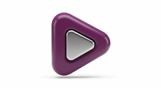 Glossy Purple Play Button with Silver Triangle Insert on White Background. photo