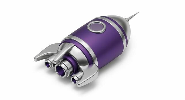 Isometric view of a purple and silver toy rocket with three thrusters on a white background. photo