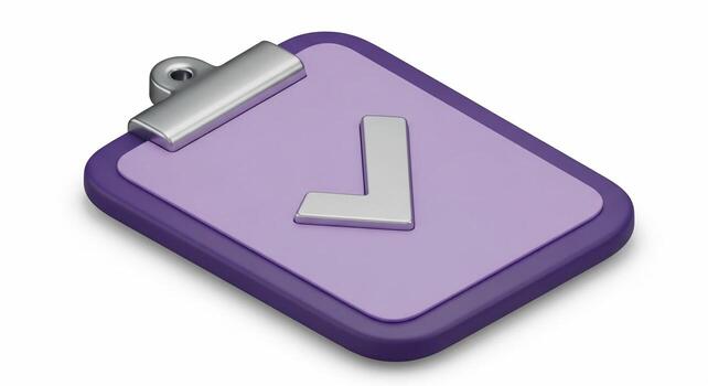 Isometric 3D render of a purple clipboard with a large silver checkmark icon on a white background. photo