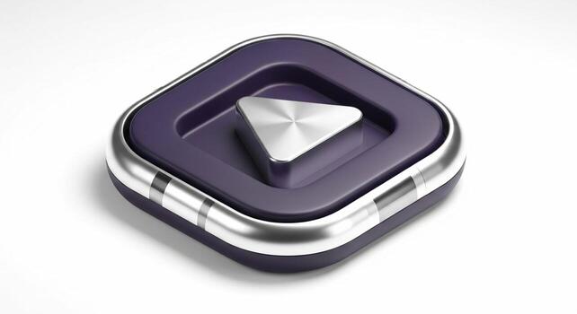Modern 3D Play Button Icon with a Purple Base and Brushed Silver Metal Frame. photo