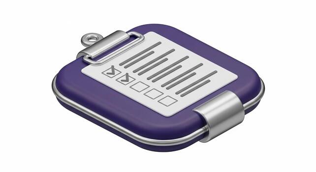 Modern 3D Isometric Purple Clipboard with Checklist and Checked Boxes Icon. photo