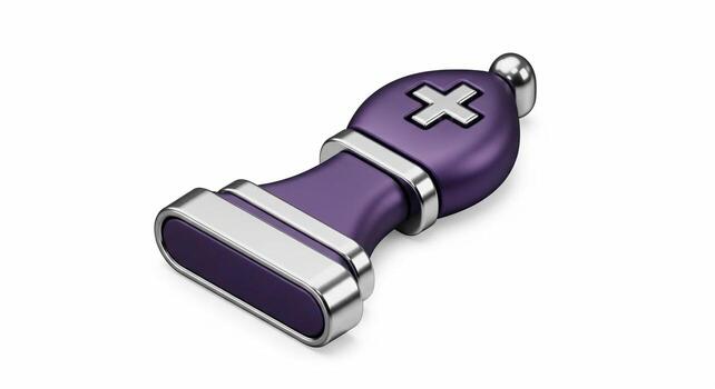 Modern purple and silver chess bishop piece with a cross symbol isolated on a white background. photo