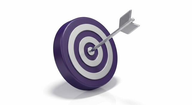 Purple and silver target with an arrow hitting the center bullseye isolated on white. photo
