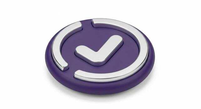 Purple Button with Silver Check Mark and Circular Arrow on White Background. photo