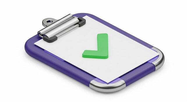 púrpura portapapeles con cheque marca 3d hacer de tarea terminación. foto