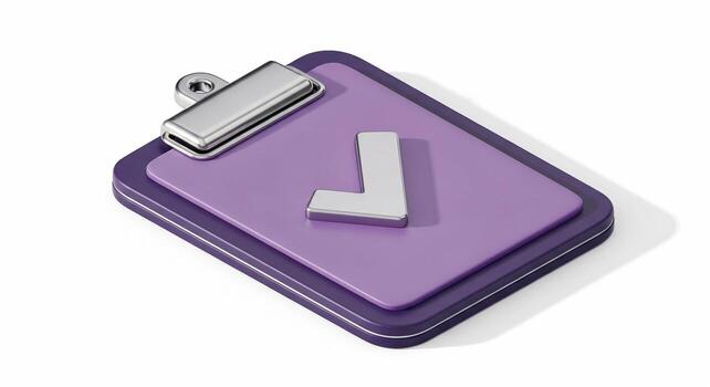 Purple clipboard with a silver checkmark icon symbolizing task completion and approval. photo