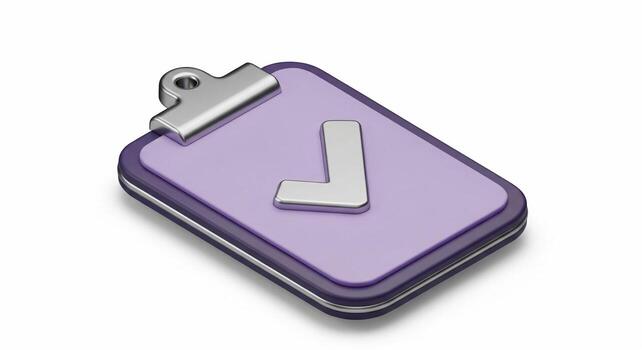 Purple Clipboard with Silver Check Mark on White Background 3D Render. photo