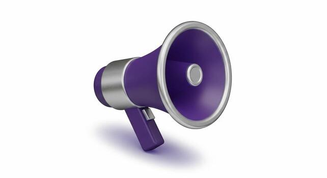 Purple Megaphone on White Background Silver Accents Communication Tool Isolated Object. photo