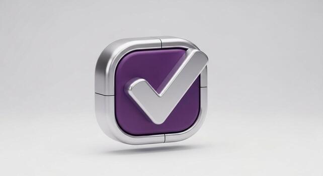 Sleek 3D checkmark icon with a silver tick inside a purple rounded square button. photo