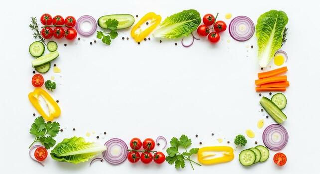 Colorful Fresh Vegetable Slices Arranged in a Frame on White Background. photo