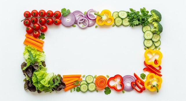 Vibrant Fresh Vegetable Border with Tomatoes Onions Peppers Cucumbers Carrots Broccoli and Lettuce. photo