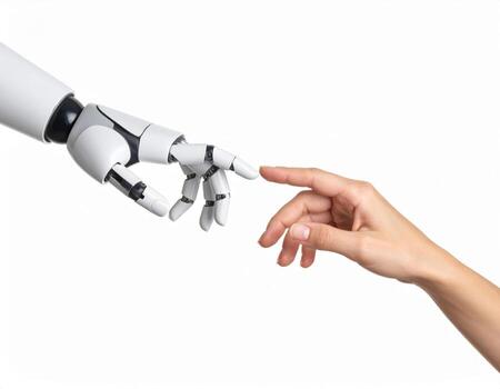 The image shows a robot and a human hand reaching out to each other, symbolizing AI and tech supporting people, set against a white backdrop. photo