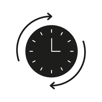 Clock With Arrows Solid Icon. Time Management, Scheduling, And Cycle Tracking Silhouette Symbol. Efficient Planning And Routine Optimization. Isolated Illustration vector