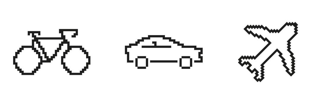 Bicycle, Car, And Airplane Pixel Art Icon Set. Transportation Modes Pixelated Symbol Collection. Travel, Mobility, And Commuting Concepts. Isolated Illustration vector