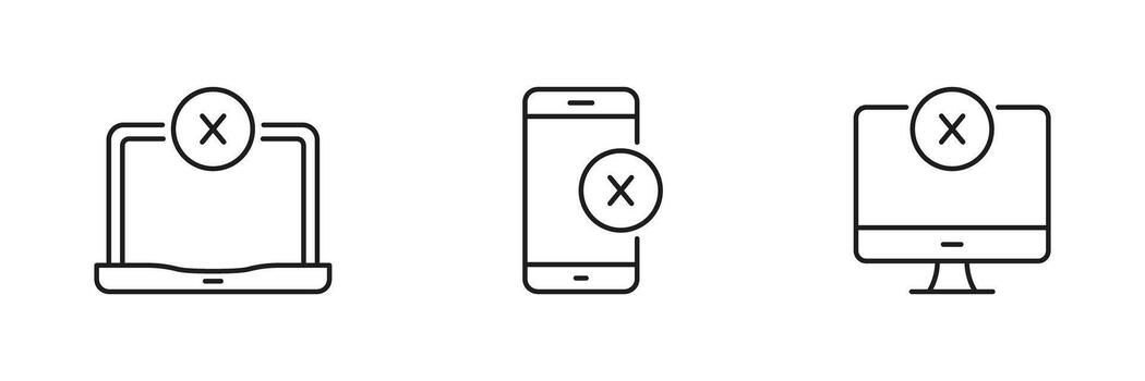 computadora portátil, teléfono inteligente, y escritorio con error línea icono colocar. dispositivo error, conectividad asuntos, y sistema fracaso contorno símbolo recopilación. editable ataque. aislado ilustración vector