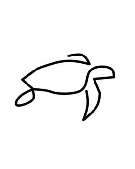 A simple black line drawing of a sea turtle in a minimalist style, featuring smooth curves and clean outlines, symbolizing marine life and ocean conservation. vector