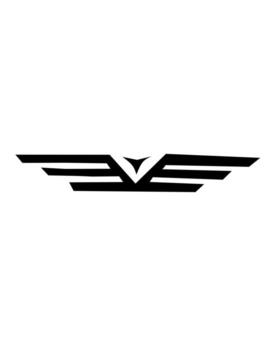 A black silhouette of stylized wings with sharp, horizontal lines and a central peak, designed in a minimalist style to symbolize freedom, flight, and power. vector