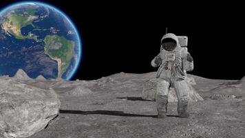 Astronaut Tanzen auf das Mond. Astronaut im äußere Raum feiern gut Glück. nahtlos Schleife. 3d Rendern Animation. video