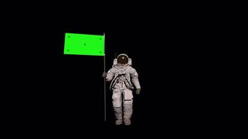 lunar astronaut promenader med grön skärm flagga, placering en flagga Pol på yta, alfa kanal, prores 4444. astronaut gående cykel animering med alfa kanal på svart bakgrund. video