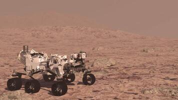 3d tolkning. fördärvar rover sätts in dess Utrustning mot de bakgrund av en Sann martian landskap. utforska uppdrag till mars. video