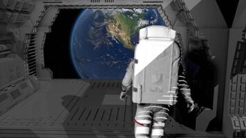 3d tolkning animation. ensam astronaut gående i en trogen sci fi korridor beundrande de se av de jorden. video