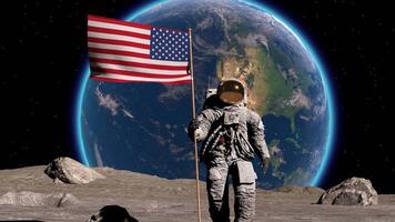 lunar astronaut promenader på de måne med amerikan flagga, placering en flagga Pol på de måne yta, och hälsar. 3d tolkning animation. video