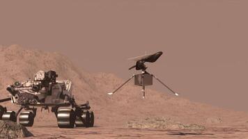 3d resa. Marte rover schiera suo attrezzatura su il fondale di un' vero marziano paesaggio. esplorando missione per Marte. colonia su Marte. video