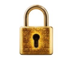 dourado cadeado com binário código padrão, digital segurança conceito, isolado em transparência fundo, simbolizando dados proteção, criptografia, e privacidade dentro moderno, futurista estilo png
